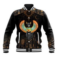 Black baseball jacket front with winged cat Egyptian graphic, snap button placket and rib trim