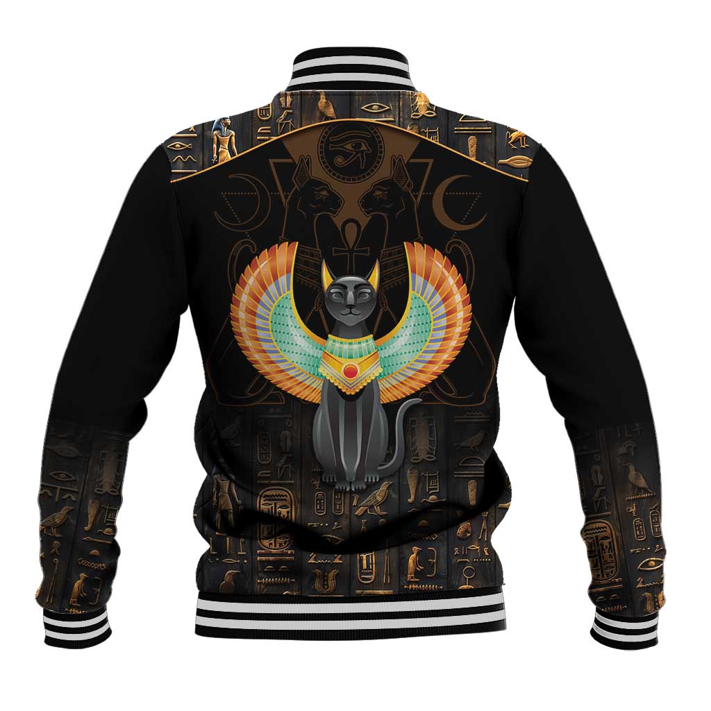 Black baseball jacket with winged cat and Egyptian symbols on back, striped rib trim