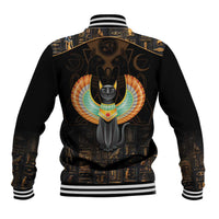 Black baseball jacket with winged cat and Egyptian symbols on back, striped rib trim