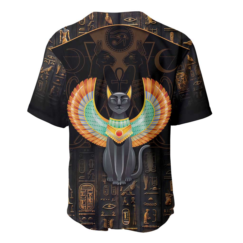 Black baseball jersey back view with winged cat emblem and Egyptian hieroglyph pattern