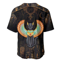 Black baseball jersey back view with winged cat emblem and Egyptian hieroglyph pattern