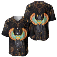 Black baseball jersey set, winged cat face graphic and Egyptian hieroglyph pattern