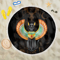 Black circular beach blanket with winged Egypt cat and fringed white edge
