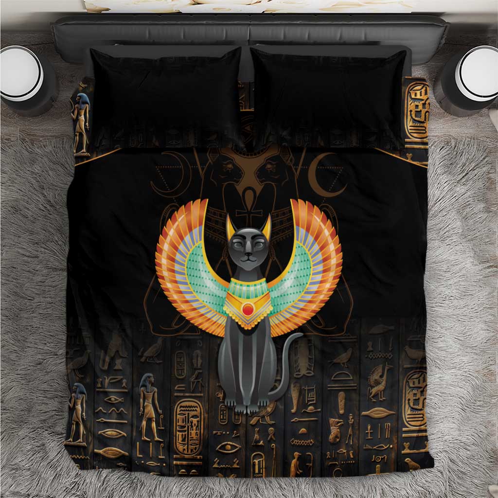 Black bedding set with winged cat print, Egyptian symbols, and two matching pillowcases