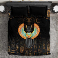 Black bedding set with winged cat print, Egyptian symbols, and two matching pillowcases