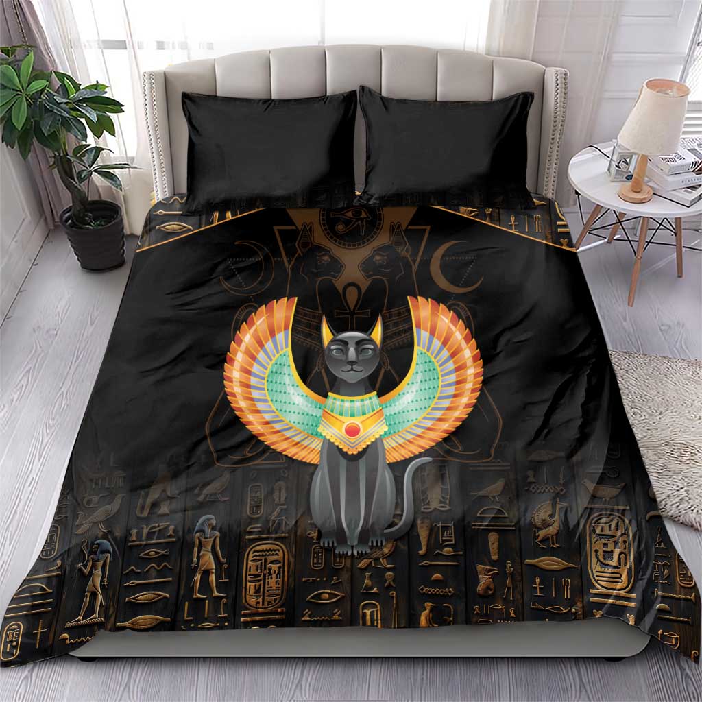 Black bedding set with large winged cat motif and Egyptian hieroglyph pattern