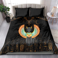 Black bedding set with large winged cat motif and Egyptian hieroglyph pattern