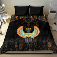 Black bedding set featuring winged cat and Egyptian-style icon pattern on duvet and pillows
