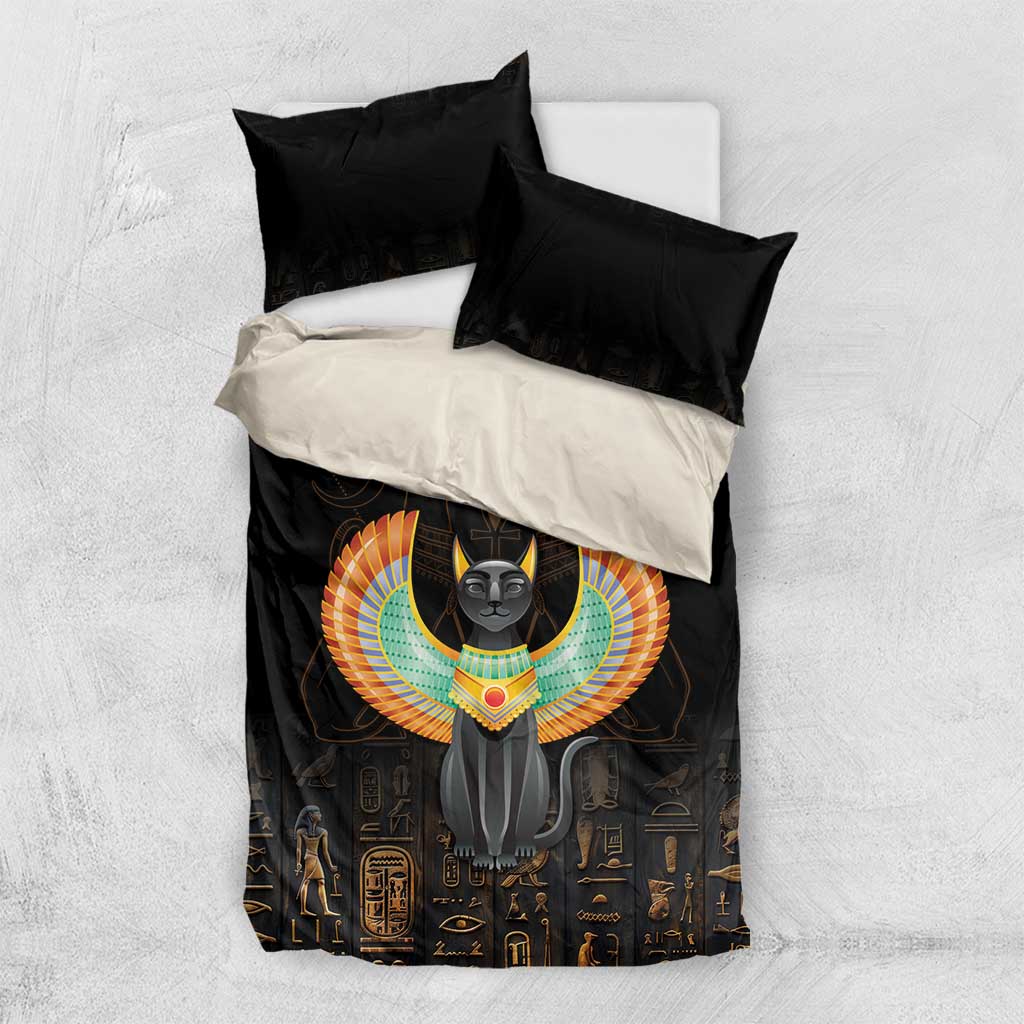Black bedding set with winged cat print, Egyptian symbols, and two dark pillowcases
