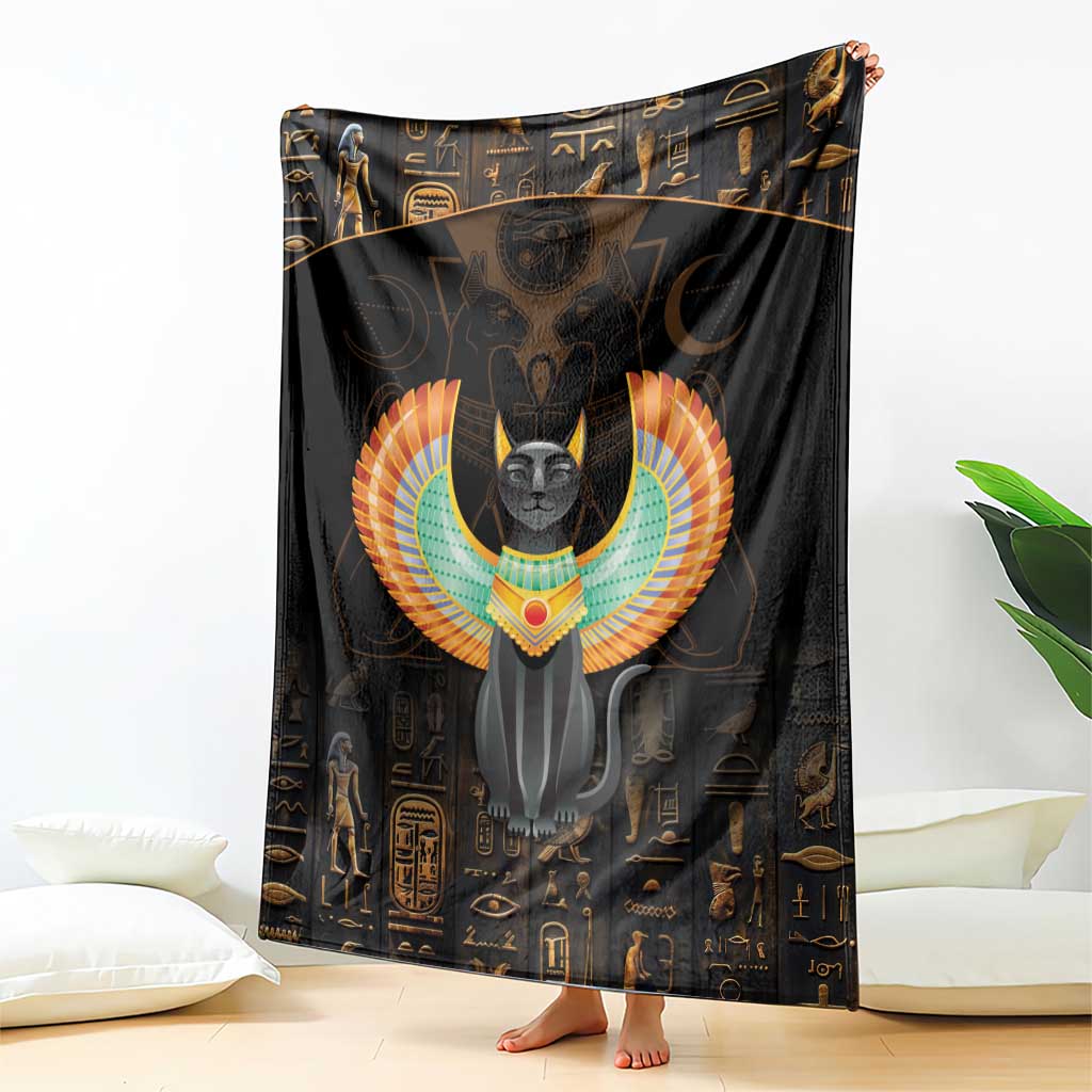 Black winged cat blanket featuring large central phoenix-like wings and Egyptian symbols