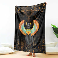 Black winged cat blanket featuring large central phoenix-like wings and Egyptian symbols