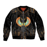 Black bomber jacket with full-zip front, ribbed cuffs, and winged cat graphic on front