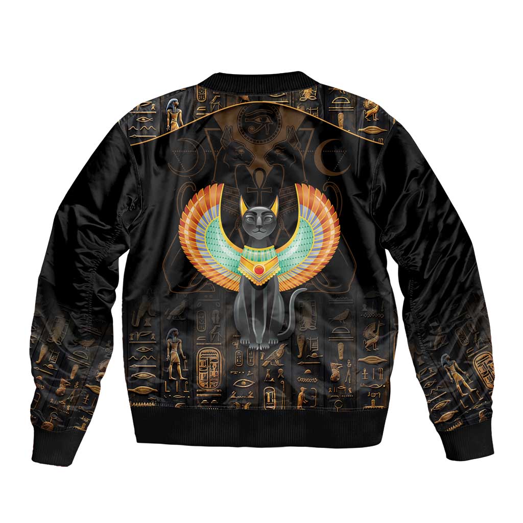 Black bomber jacket with ribbed hem and cuffs, featuring a large winged cat emblem