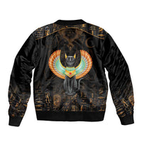 Black bomber jacket with ribbed hem and cuffs, featuring a large winged cat emblem