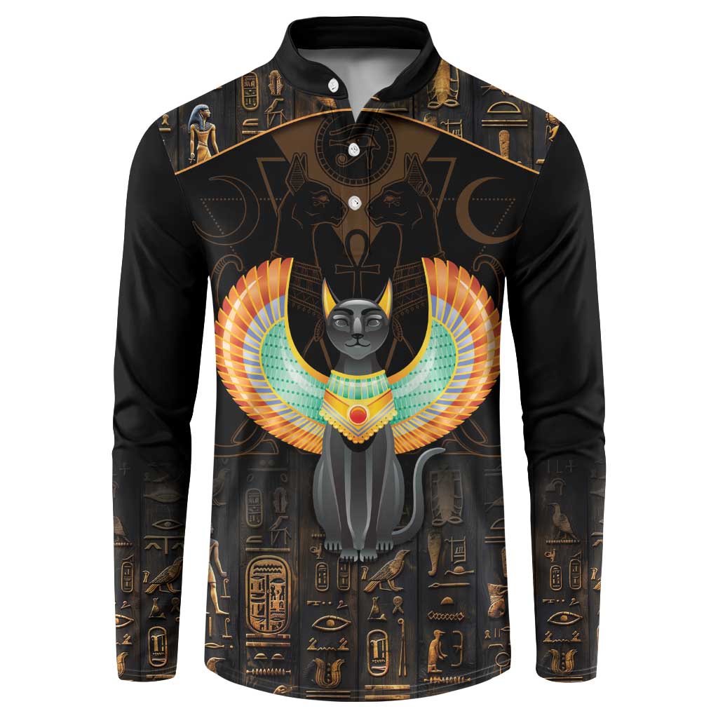 Black button-front sweatshirt with long sleeves and Egyptian cat graphic