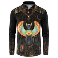 Black button-front sweatshirt with long sleeves and Egyptian cat graphic