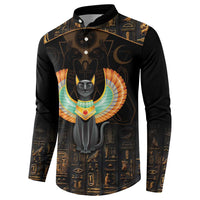Black button-front sweatshirt with Egyptian cat chest print and long sleeves