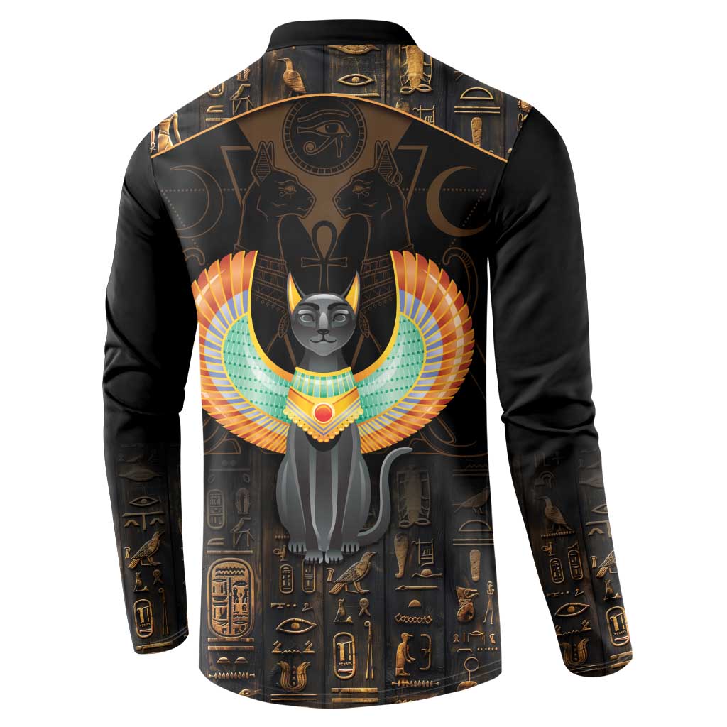 Black sweatshirt with Egyptian cat winged emblem on back and long sleeves