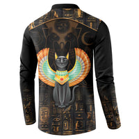 Black sweatshirt with Egyptian cat winged emblem on back and long sleeves