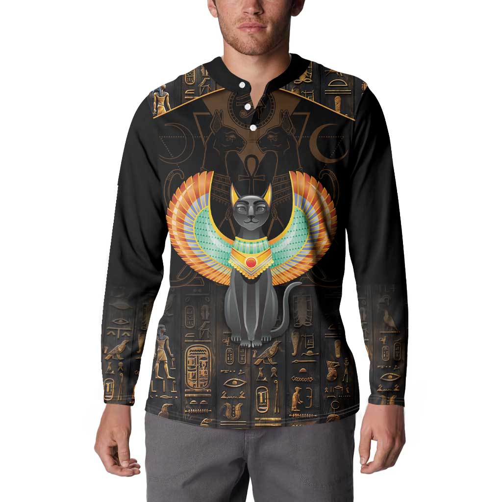 Black button-front sweatshirt featuring a centered Egyptian cat with wings graphic