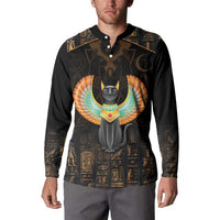 Black button-front sweatshirt featuring a centered Egyptian cat with wings graphic