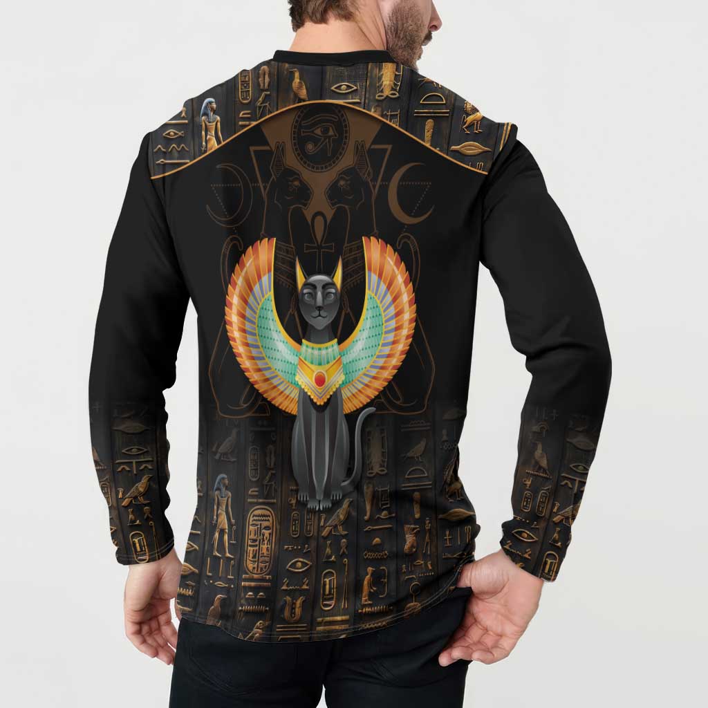 Black sweatshirt back print shows large Egyptian cat with wings and long sleeves