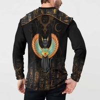 Black sweatshirt back print shows large Egyptian cat with wings and long sleeves