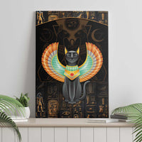 Black canvas wall art of winged Egyptian cat with colorful fan wings and hieroglyphs