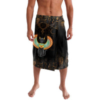 Black printed sarong-style skirt with large winged cat medallion and symbols