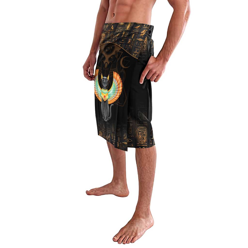 Black printed sarong-style skirt with winged cat graphic, knee length