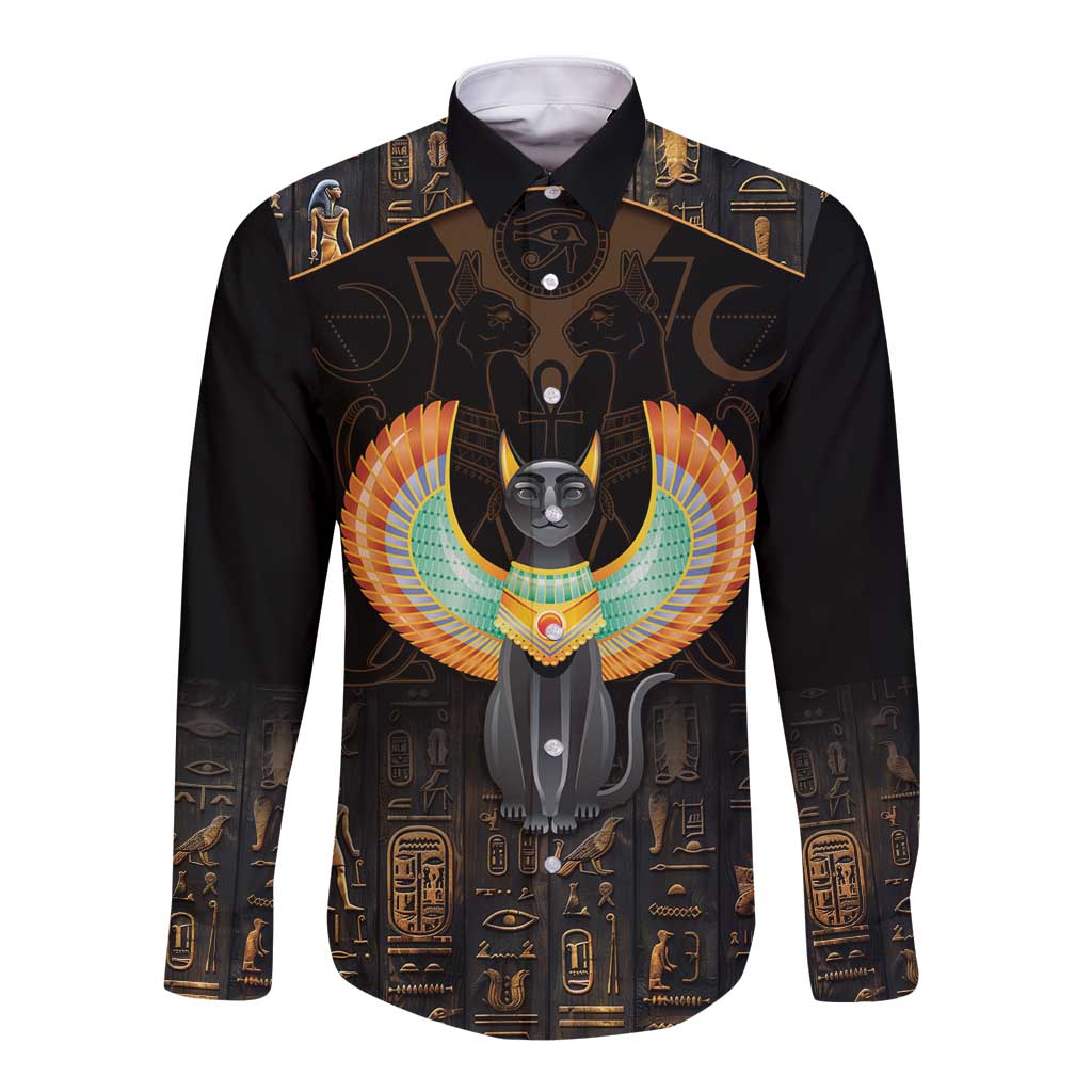 Black long-sleeve button shirt with winged cat and Egyptian hieroglyph print, front view