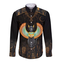 Black long-sleeve button shirt with winged cat and Egyptian hieroglyph print, front view