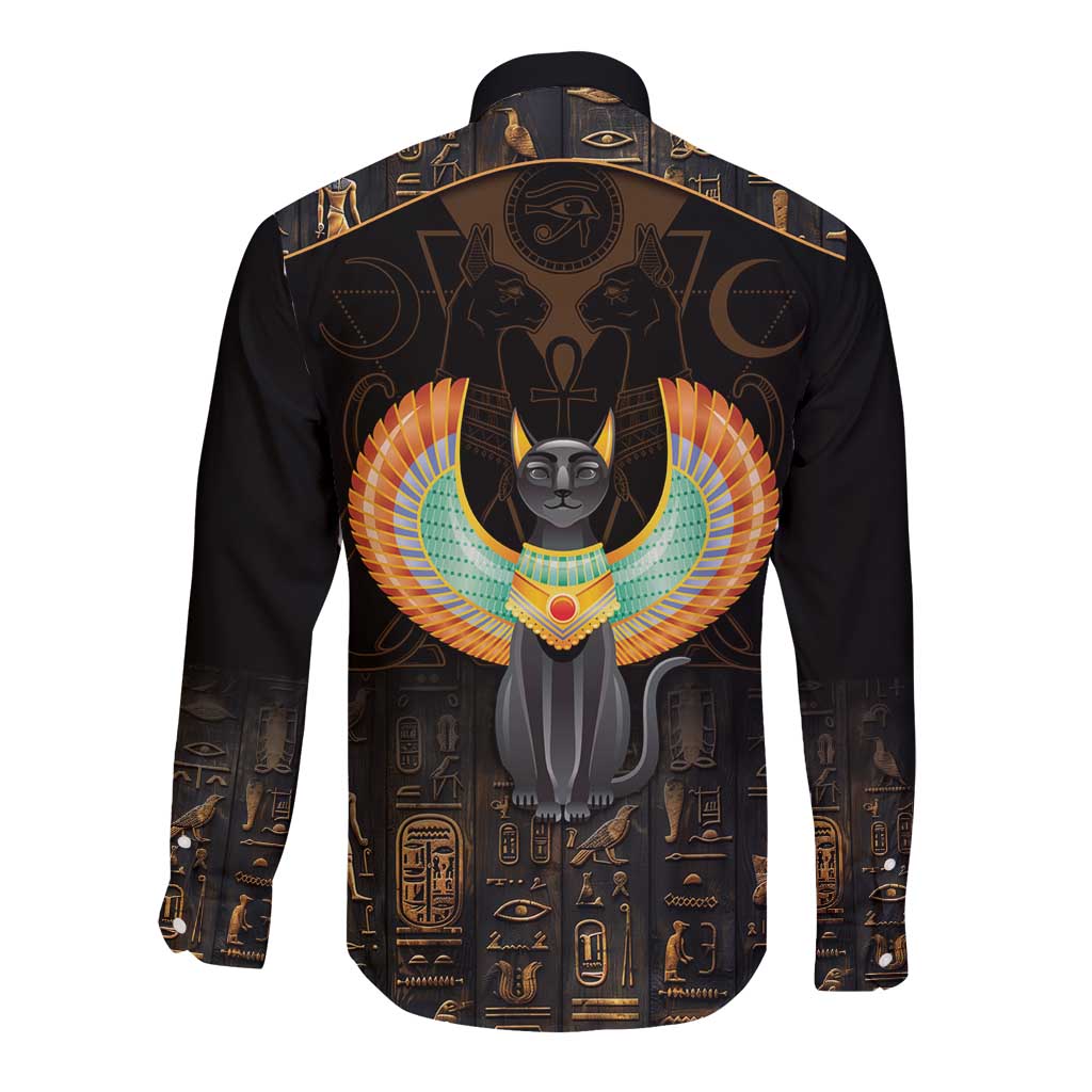 Black long-sleeve button shirt with winged cat and Egyptian hieroglyph print, back view