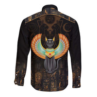 Black long-sleeve button shirt with winged cat and Egyptian hieroglyph print, back view
