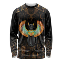 Black long-sleeve shirt with winged cat graphic and Egyptian symbols, front view
