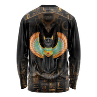 Black long-sleeve shirt with winged cat graphic and Egyptian symbols, back view