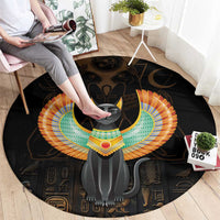 Black round area rug featuring winged Egypt cat with colorful headdress and hieroglyph motif