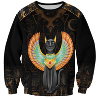 Black unisex crewneck sweatshirt with long sleeves and winged Egyptian cat graphic