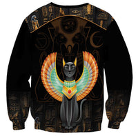 Black unisex crewneck sweatshirt with long sleeves; large winged Egyptian cat front print