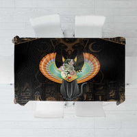 Black tablecloth with winged cat emblem and gold Egyptian hieroglyph patterns