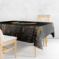 Black Egyptian hieroglyph tablecloth with gold symbols and draped corners