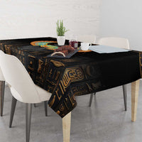 Black tablecloth with Egyptian pattern border and winged cat design center