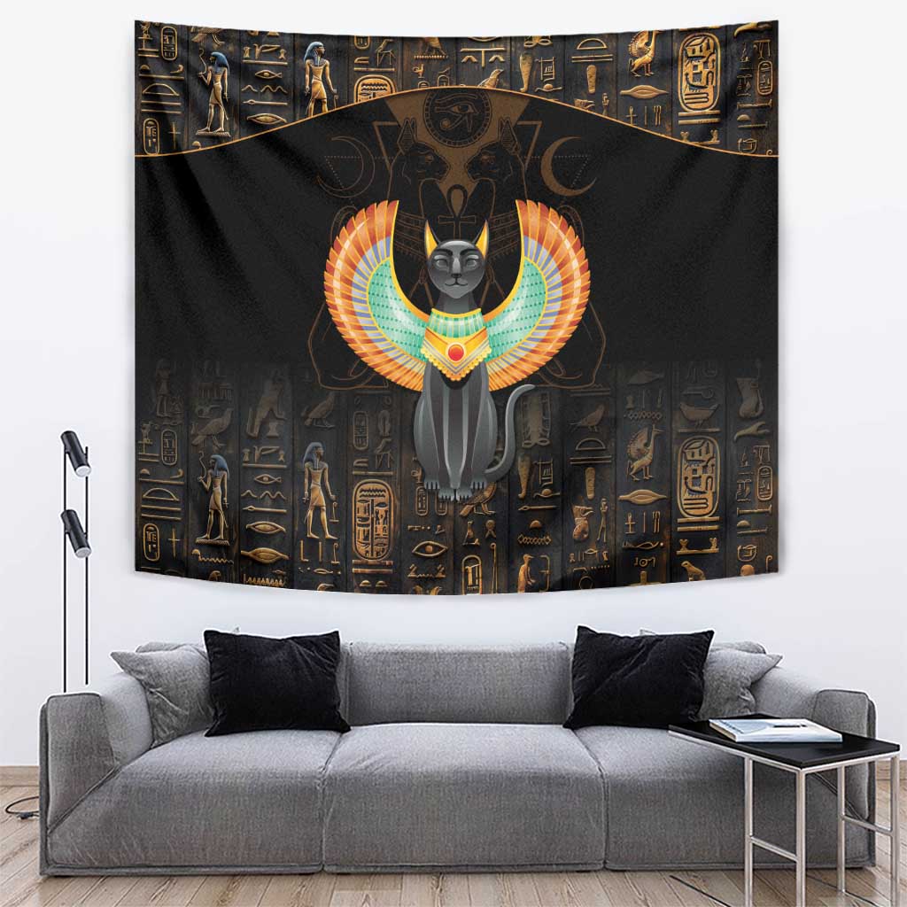 Black winged cat ancient Egypt tapestry with gold hieroglyph patterns and central cat figure