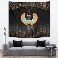 Black winged cat ancient Egypt tapestry with gold hieroglyph patterns and central cat figure