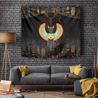 Dark winged cat wall tapestry with gold symbols and an Egyptian cat portrait in center