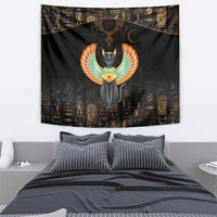 Black winged cat ancient Egypt tapestry featuring a golden winged cat emblem