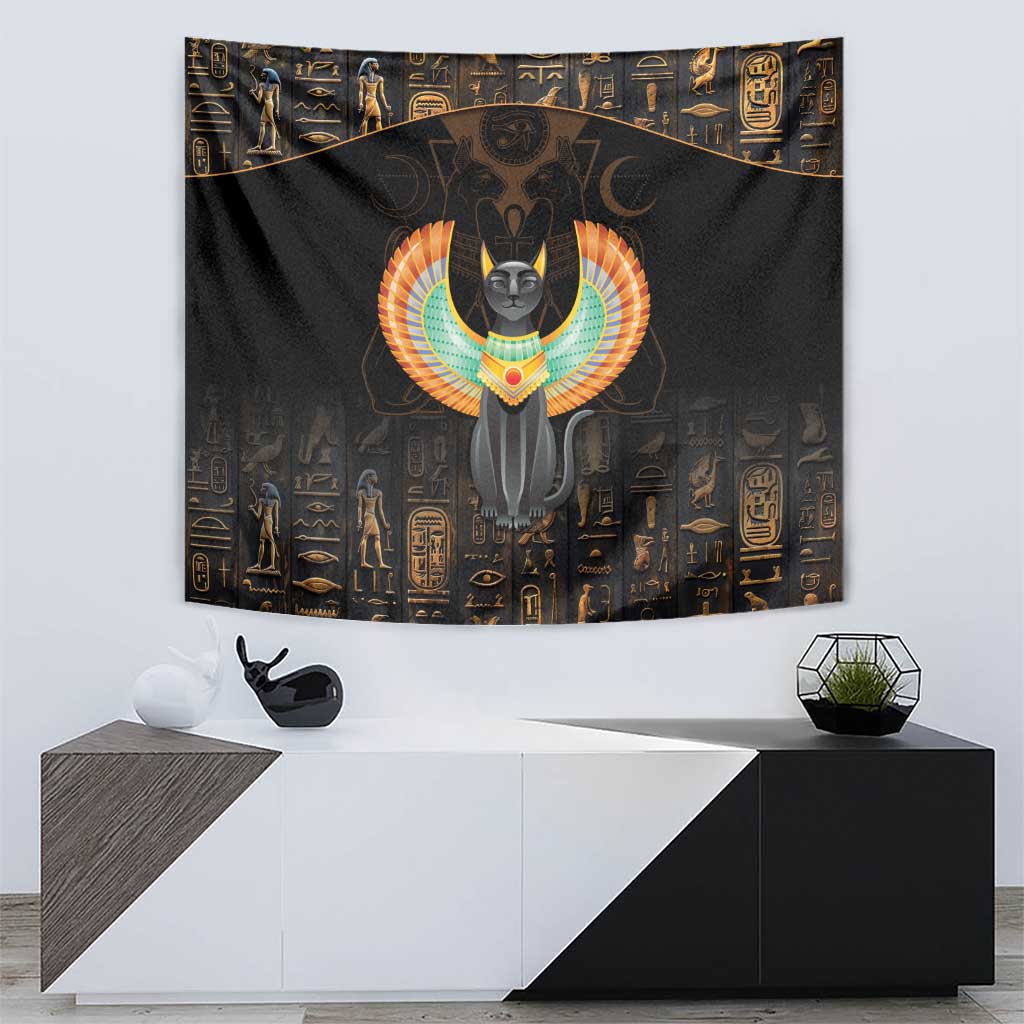 Dark winged cat tapestry with gold hieroglyphs and central Egyptian cat artwork
