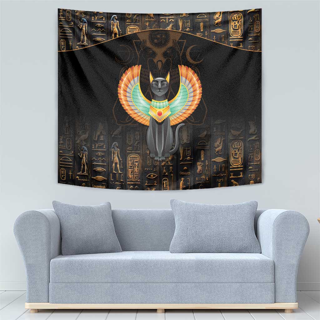 Black winged cat tapestry with gold hieroglyph-style symbols and central cat figure