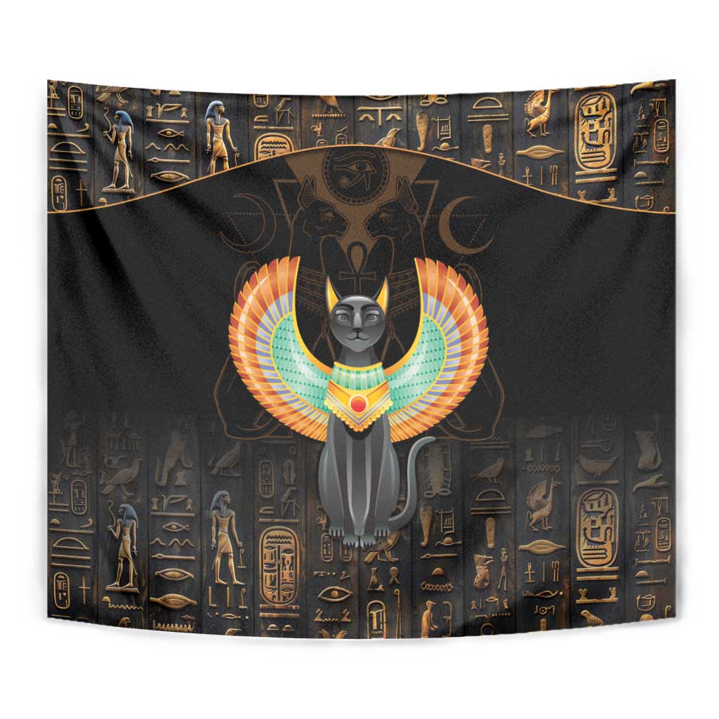Close-up dark winged cat tapestry with gold hieroglyph patterns and centered cat