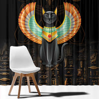 Black window curtain featuring central winged cat face with gold and multicolor wings